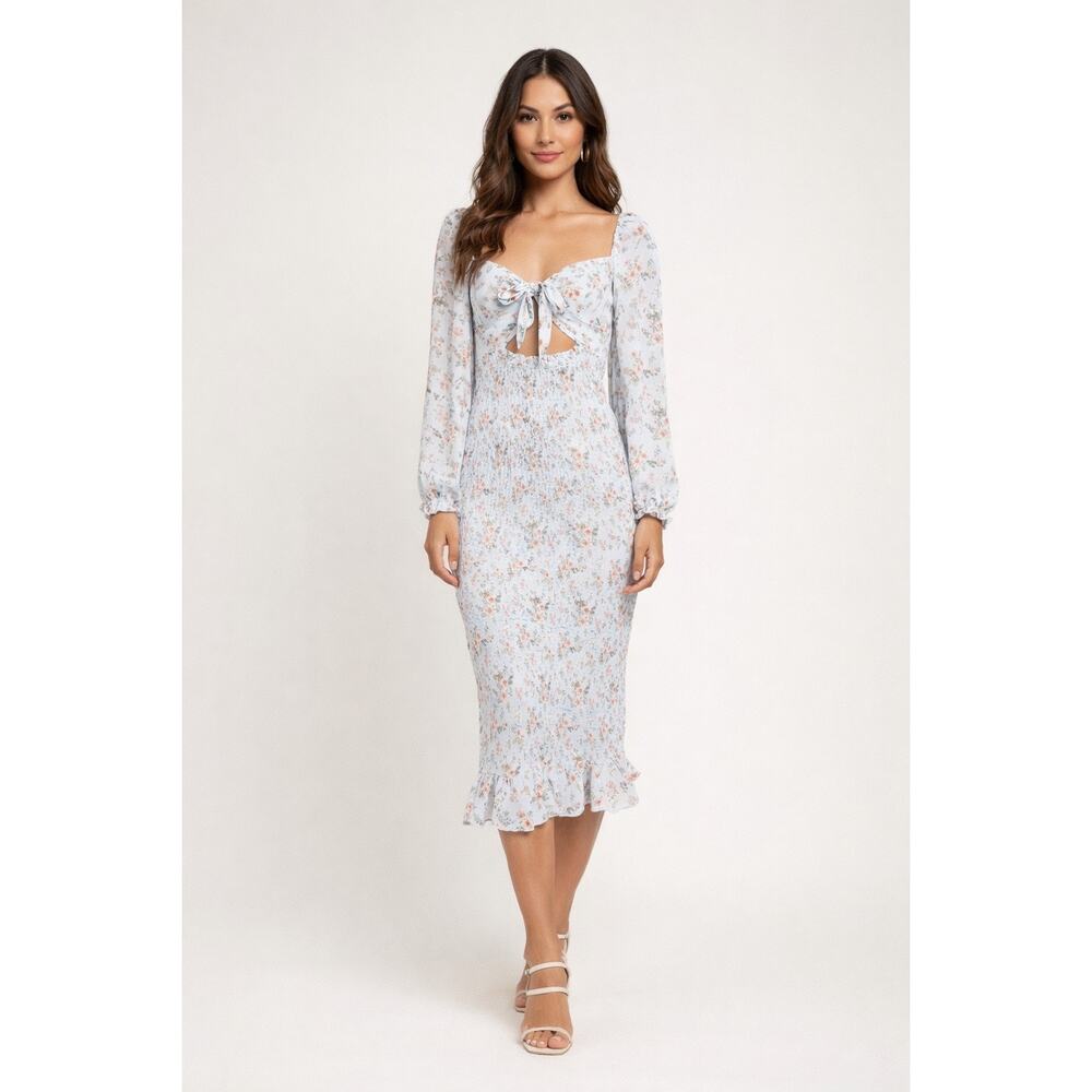 Mable Women's Floral Dress Cut Out Front Tie Smocked Body Sheer Sleeves Romantic